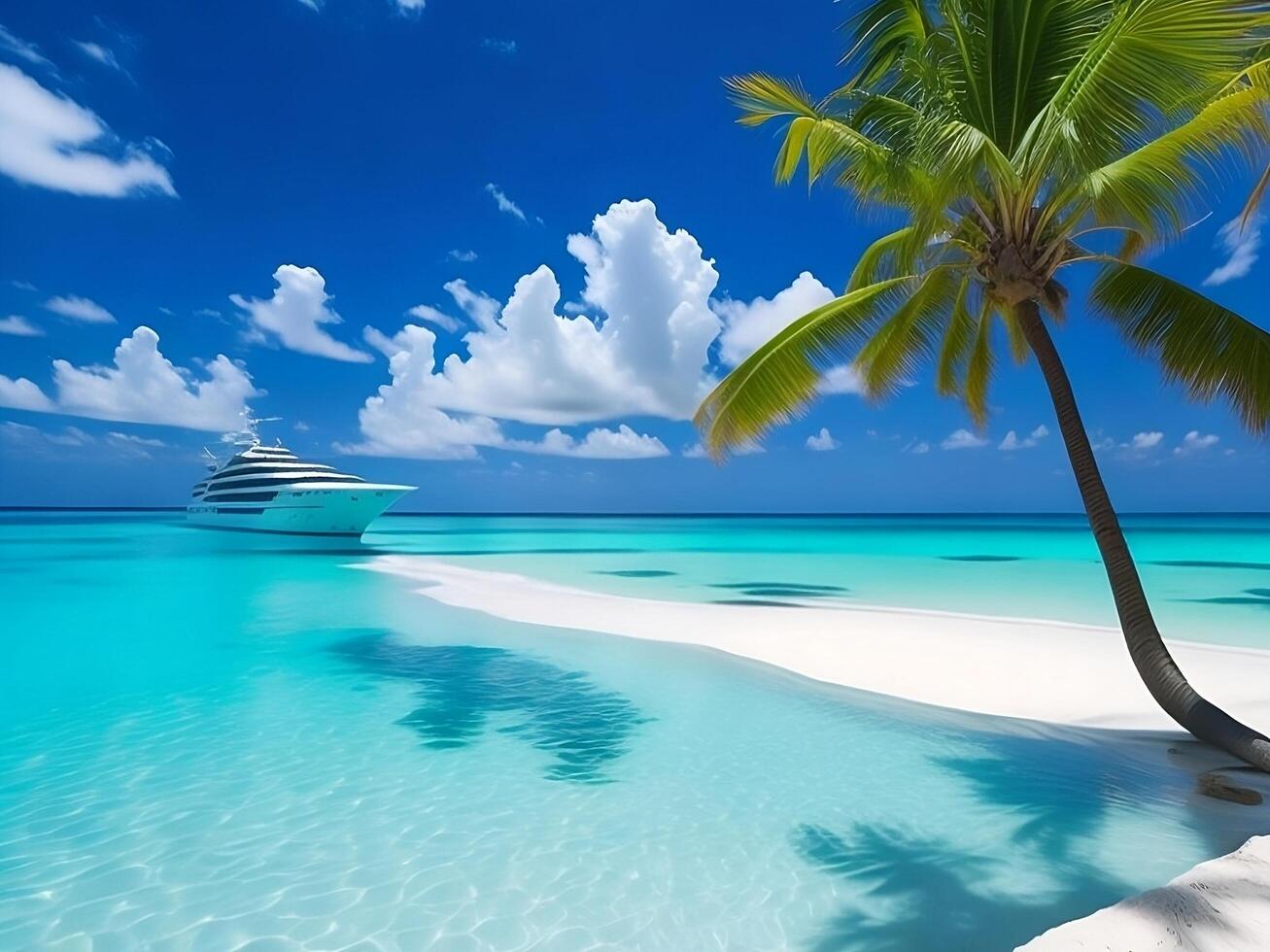 tropical beach in Maldives with palm trees and boat 3d render photo