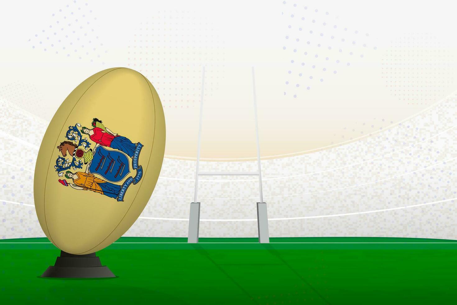 New Jersey national team rugby ball on rugby stadium and goal posts, preparing for a penalty or free kick. vector