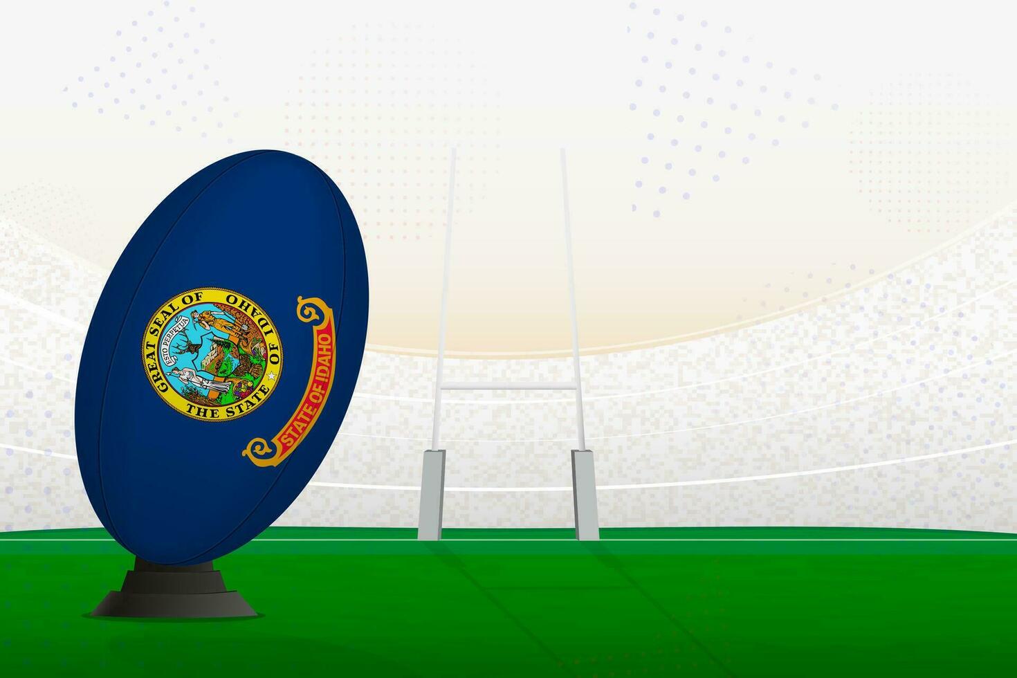 Idaho national team rugby ball on rugby stadium and goal posts, preparing for a penalty or free kick. vector