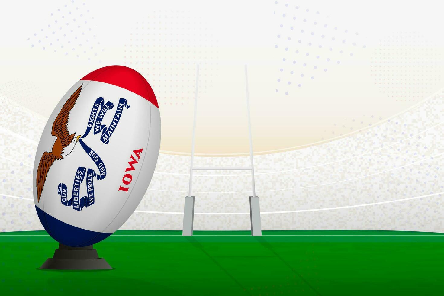 Iowa national team rugby ball on rugby stadium and goal posts, preparing for a penalty or free kick. vector