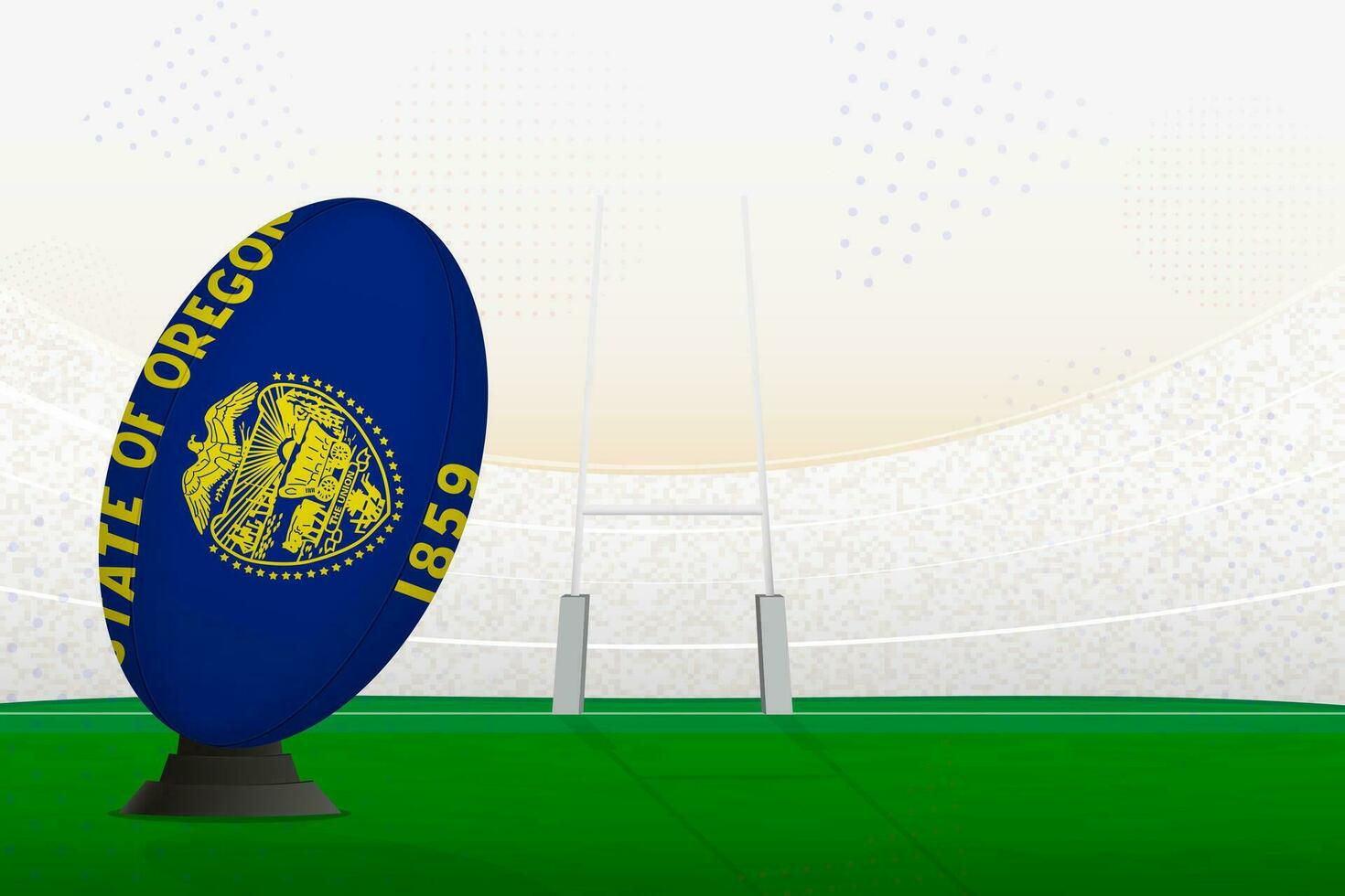 Oregon national team rugby ball on rugby stadium and goal posts, preparing for a penalty or free kick. vector