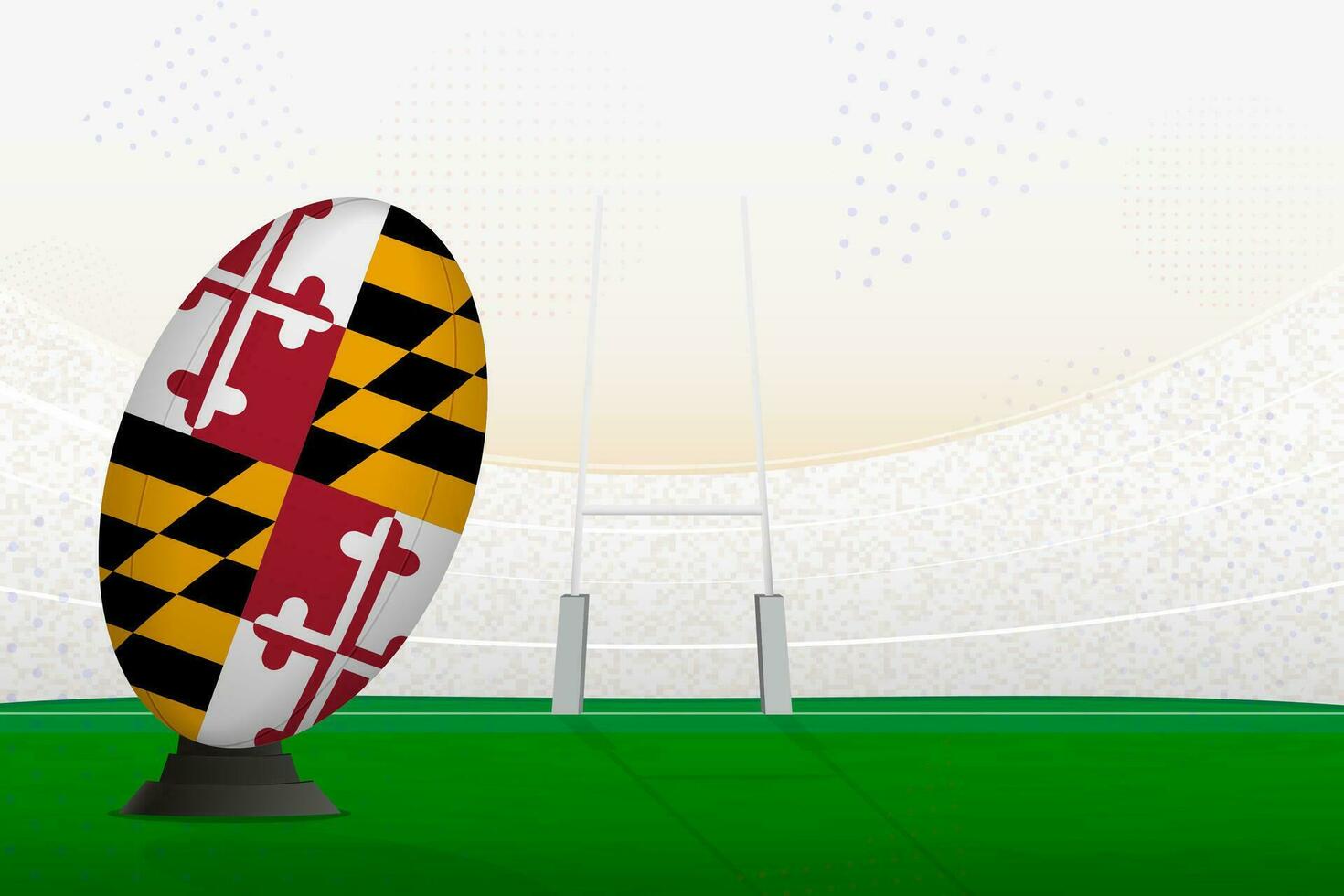 Maryland national team rugby ball on rugby stadium and goal posts, preparing for a penalty or free kick. vector