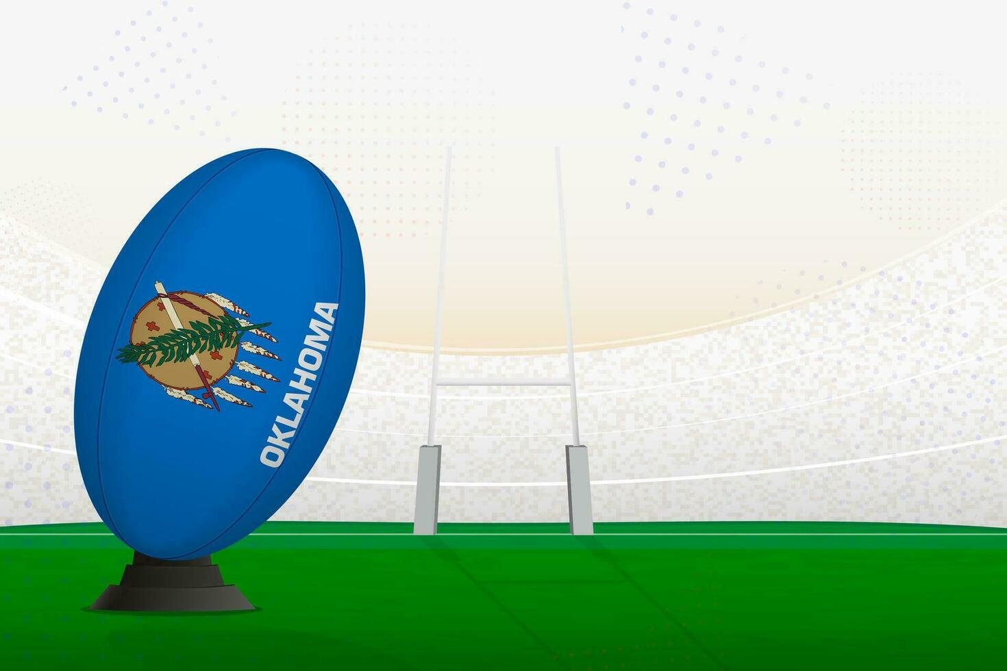 Oklahoma national team rugby ball on rugby stadium and goal posts, preparing for a penalty or free kick. vector