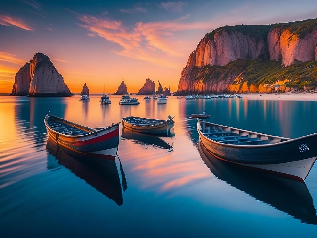 Fishing boats on the beach at sunset. Colorful summer seascape. photo