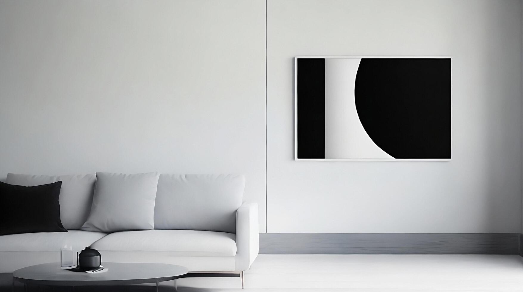 Minimalistic living room interior with white walls, concrete floor, black sofa and round coffee table. 3d rendering mock up photo