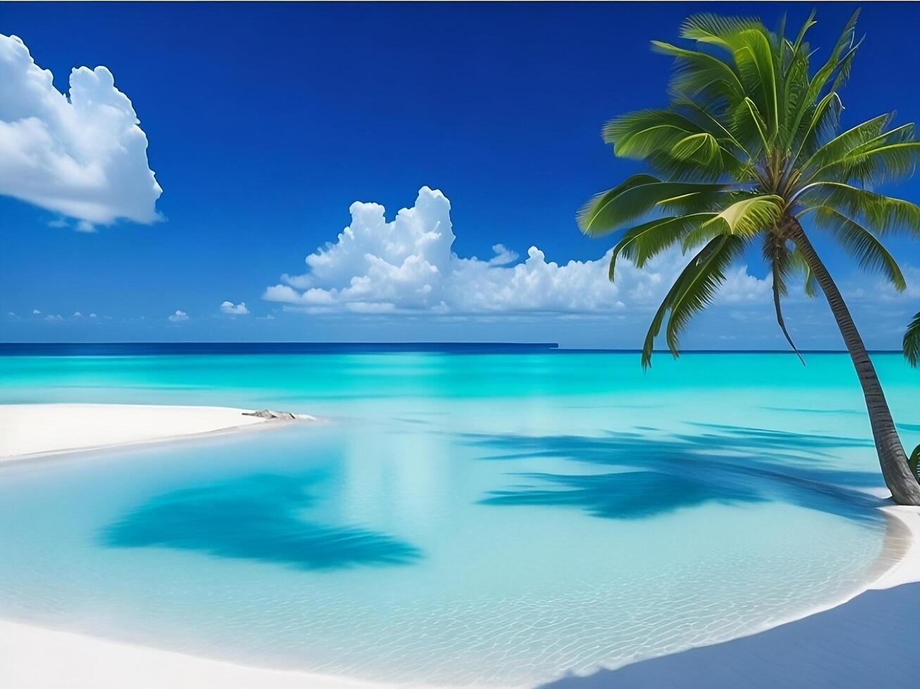 tropical beach in Maldives with palm trees and boat 3d render photo