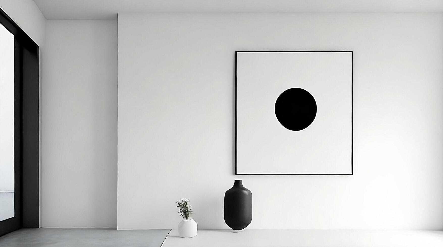 Minimalistic living room interior with white walls, concrete floor, black sofa and round coffee table. 3d rendering mock up photo