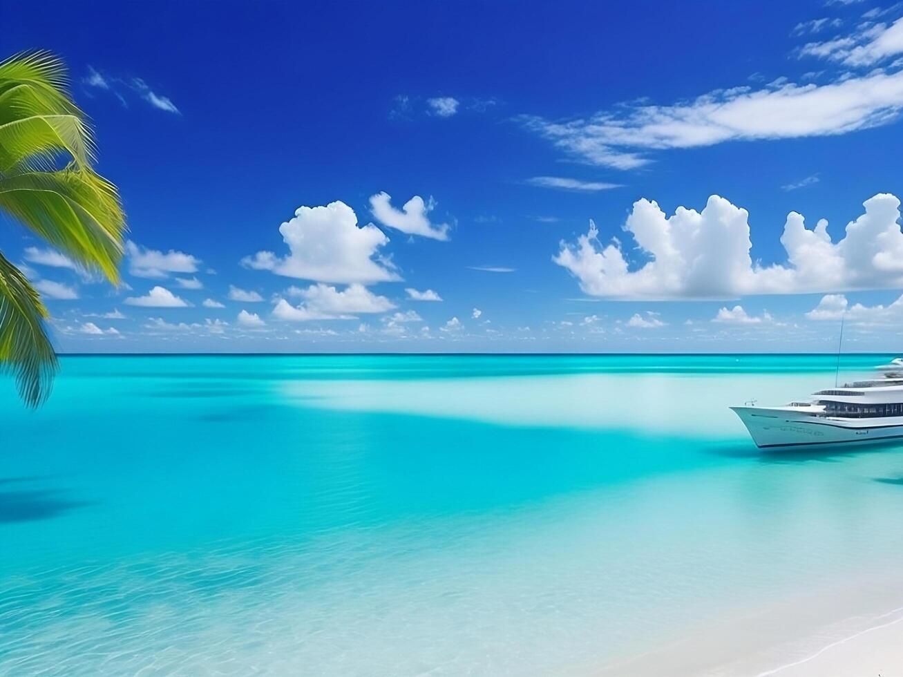 tropical beach in Maldives with palm trees and boat 3d render photo