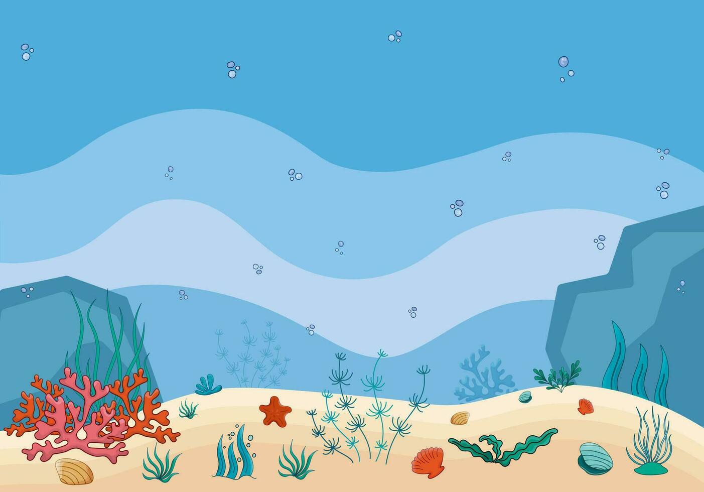 Vector Underwater world scene, ocean marine life. Undersea landscape. Ocean bottom, water and sky.