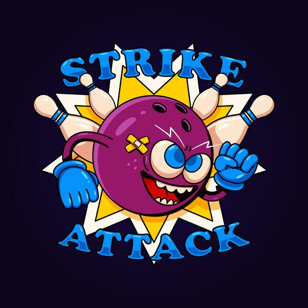 Bowling ball mascot attacking skittles, Perfect for logos, t-shirts, stickers and posters vector