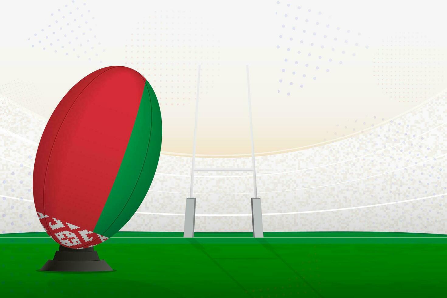 Belarus national team rugby ball on rugby stadium and goal posts, preparing for a penalty or free kick. vector