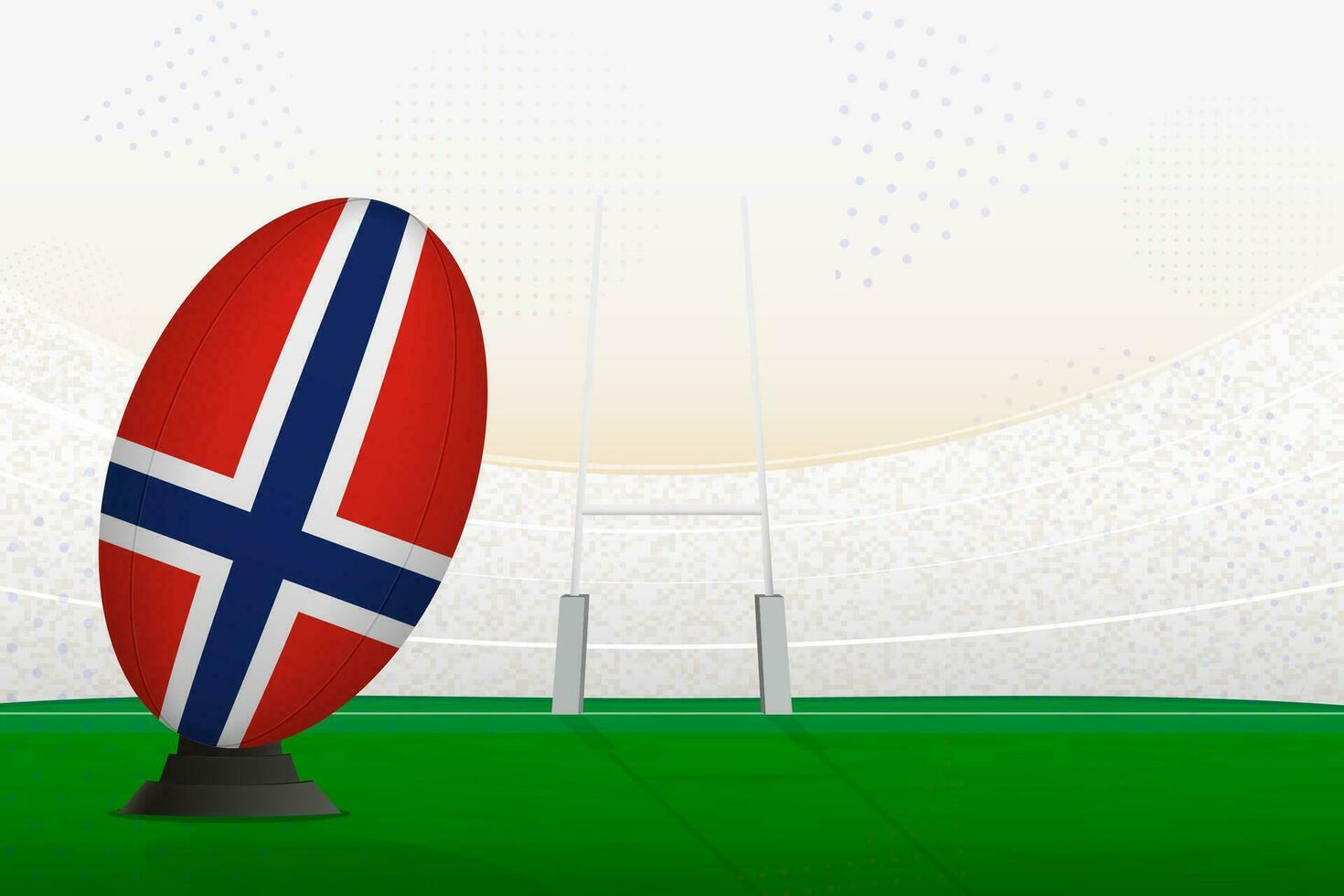 Norway national team rugby ball on rugby stadium and goal posts, preparing for a penalty or free kick. vector