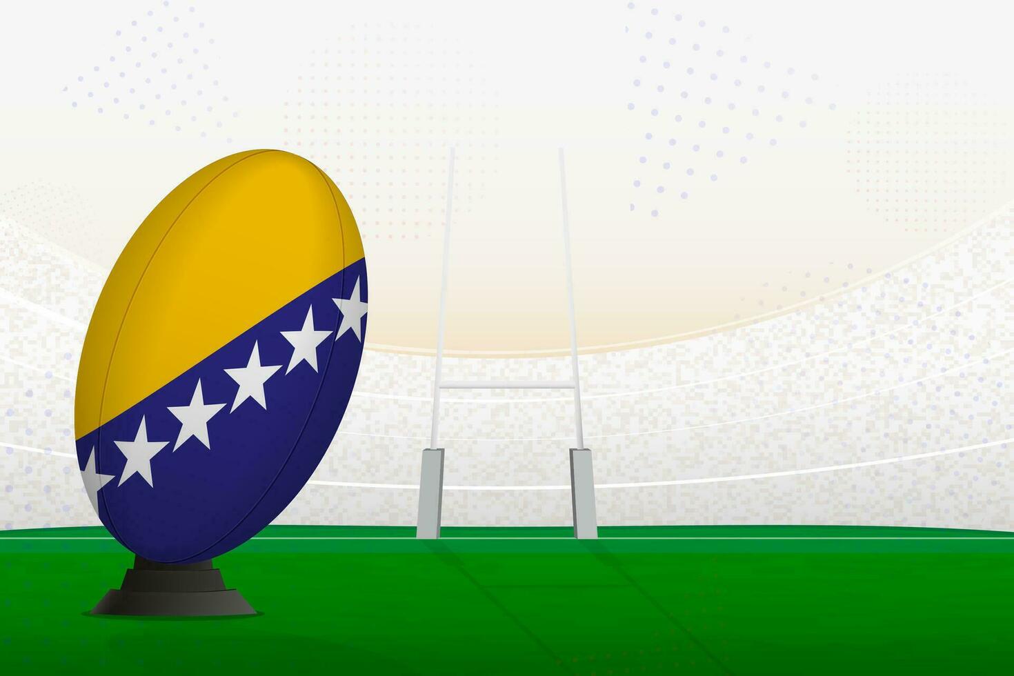 Bosnia and Herzegovina national team rugby ball on rugby stadium and goal posts, preparing for a penalty or free kick. vector