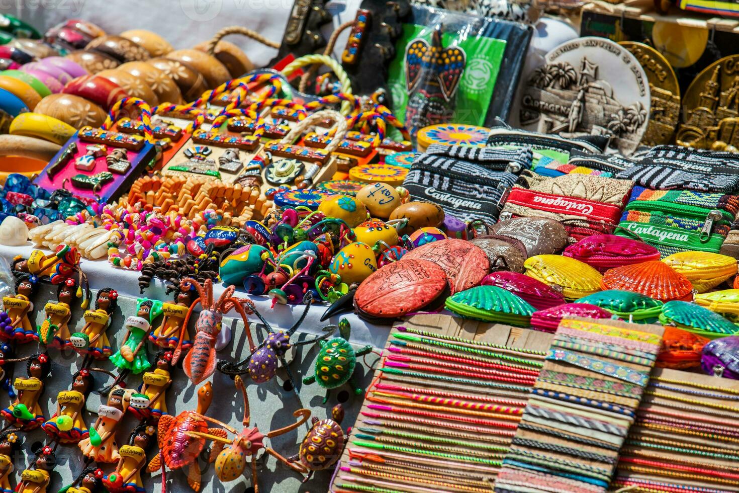 Street sell of Colombian typical handicrafts in the walled city in Cartagena de Indias photo