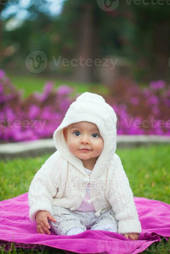 dulce seis meses antiguo bebé niña sentado a el jardín en un hermosa soleado día foto