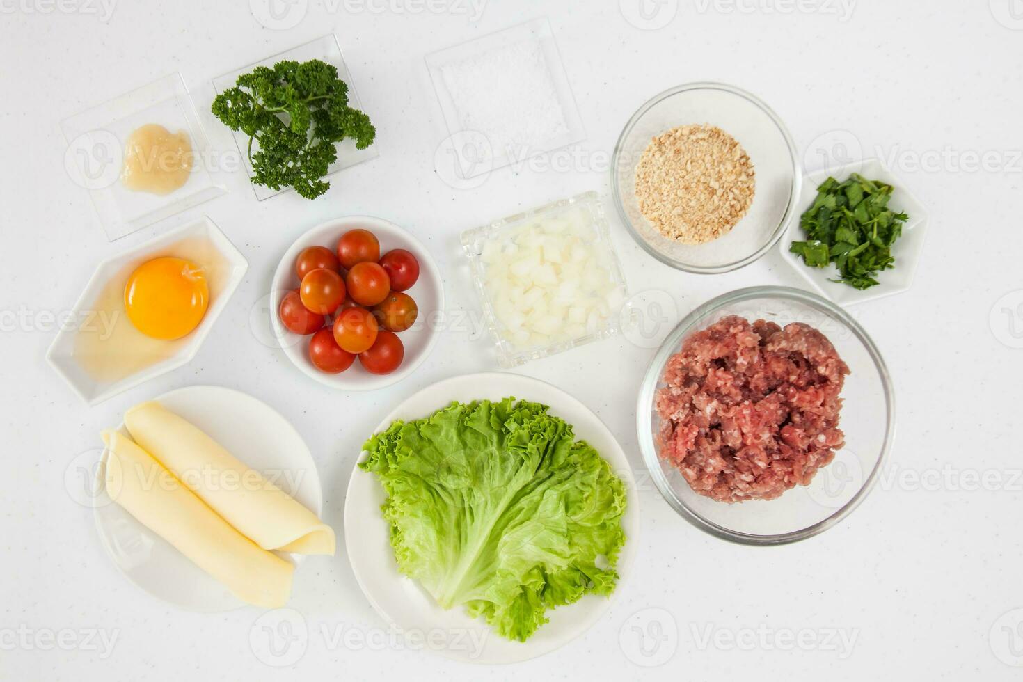 Ingredients for burger. Step by step preparation of mini burgers. Homemade mini burgers for children or appetizers. Small hamburgers. photo