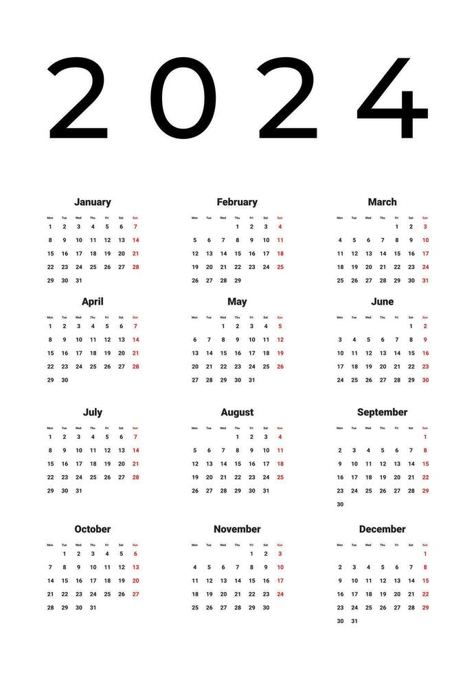 anual calendario 2024 modelo en blanco antecedentes. semana empieza en