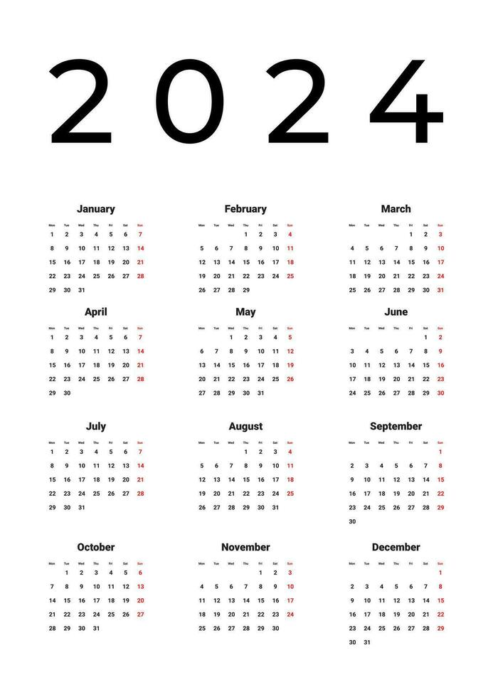 anual calendario 2024 modelo en blanco antecedentes. semana empieza en lunes. sencillo negro y blanco 2024 calendario. vector minimalista calendario diseño