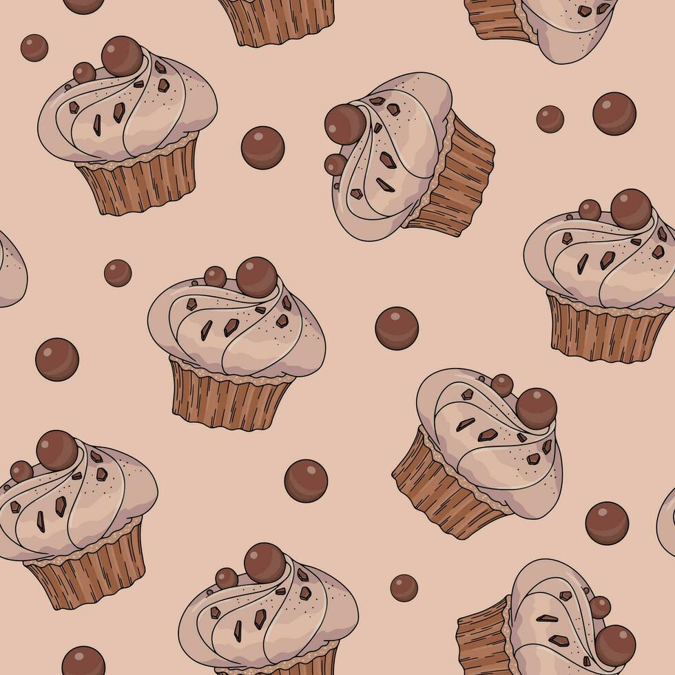 Seamless pattern with chocolate cupcake with cream, chocolate chips and sphere on beige background. Muffin with topping vector