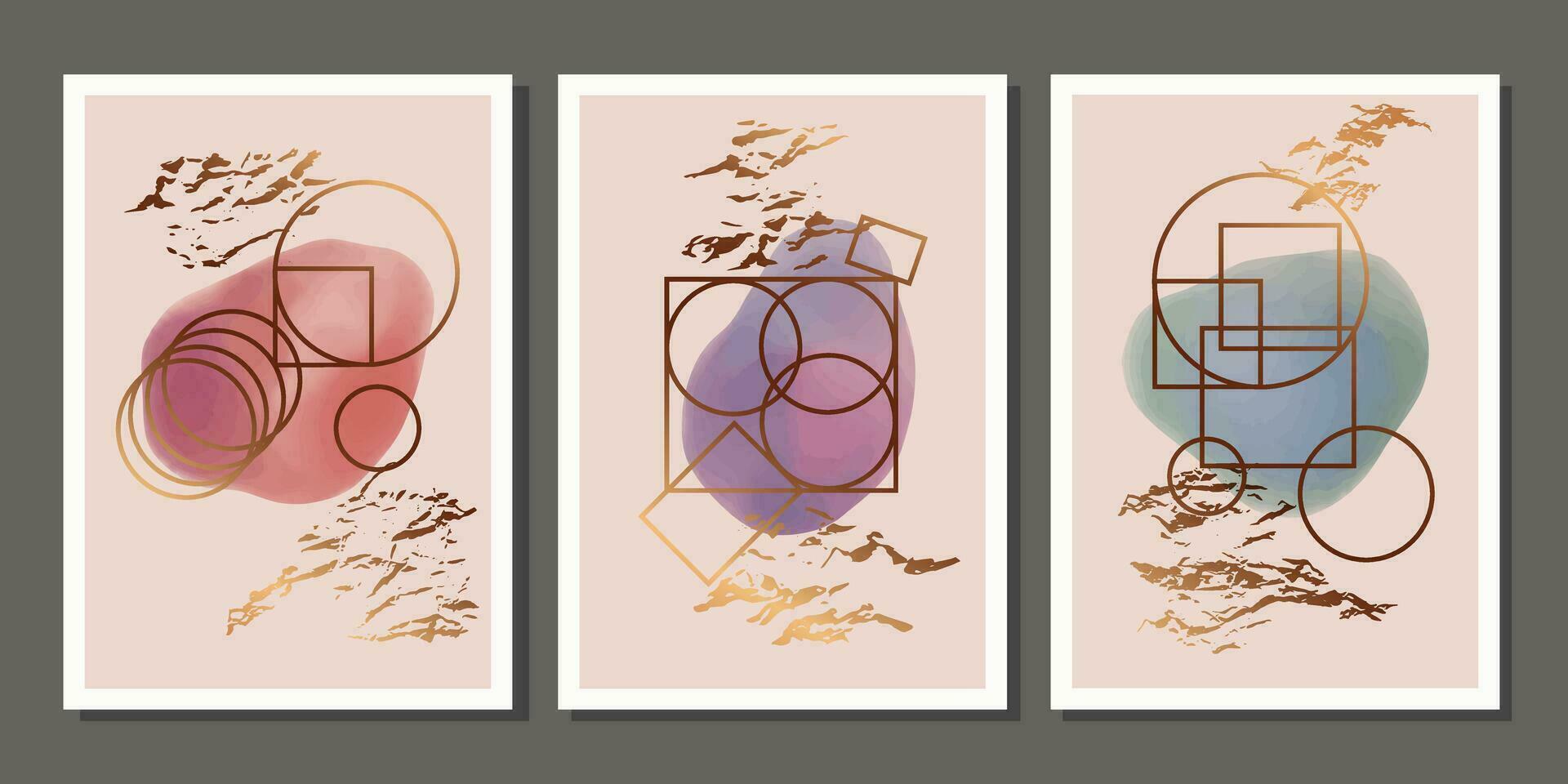 Set of luxury gold geometric wall art. Golden linear circles and squares, watercolor stains on beige background. Abstract minimalist art with foil texture vector