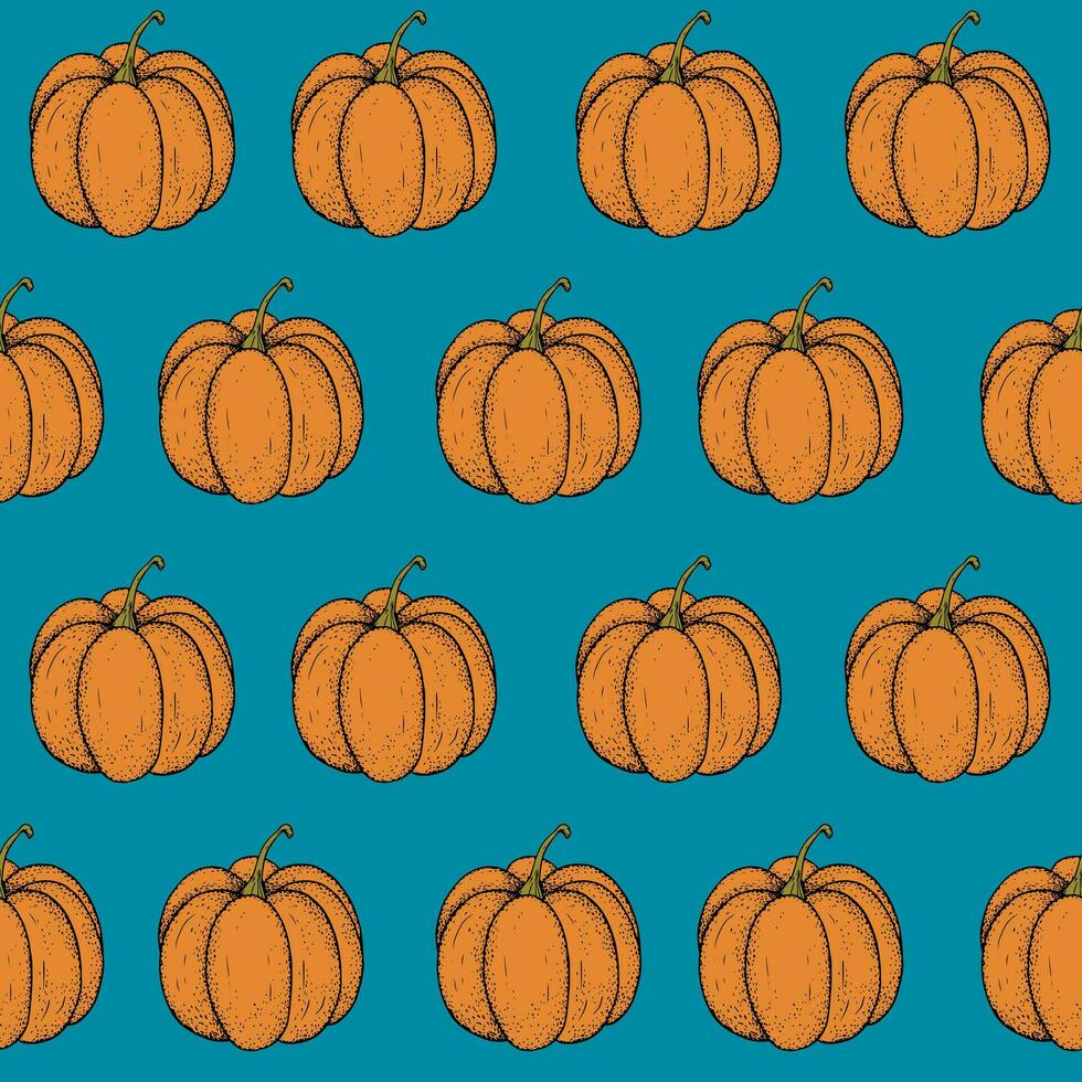 Simple seamless pattern with pumpkin in the row on turquoise background vector