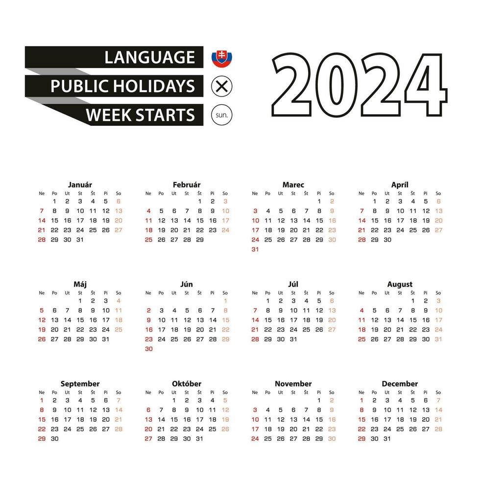 2024 calendar in Slovak language, week starts from Sunday. vector