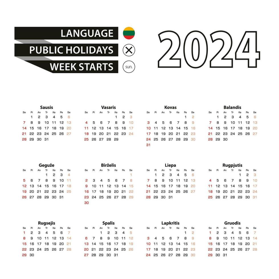 2024 calendar in Lithuanian language, week starts from Sunday. vector