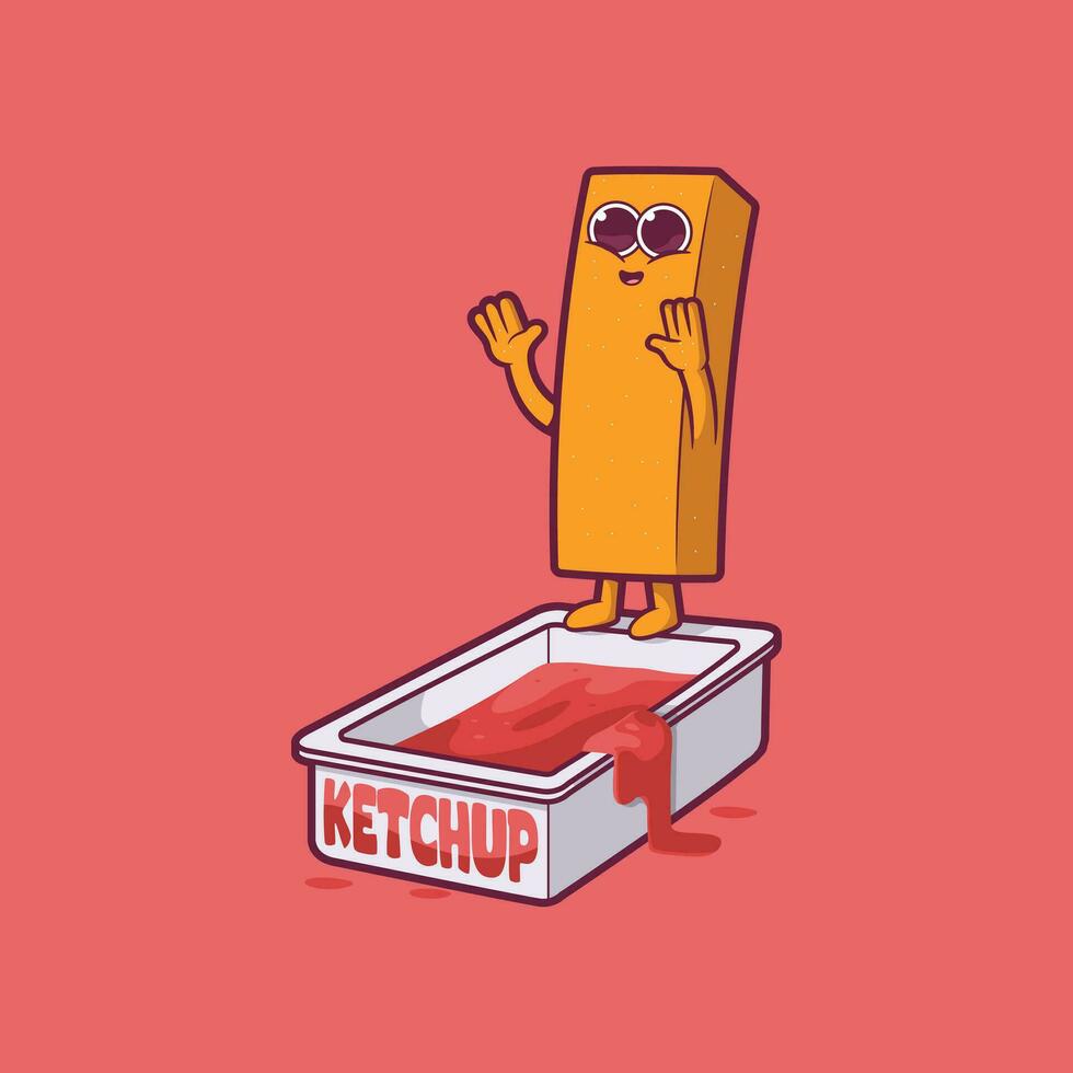 French fried character jumping to a ketchup container vector illustration. Food, funny, brand design concept.