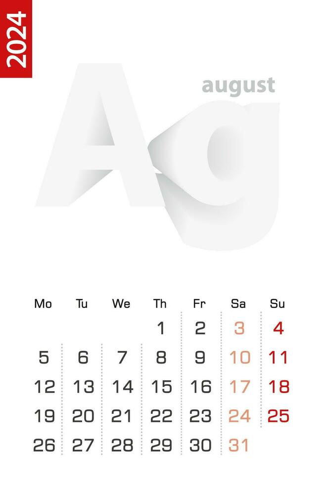 minimalista calendario modelo para agosto 2024, vector calendario en inglés.