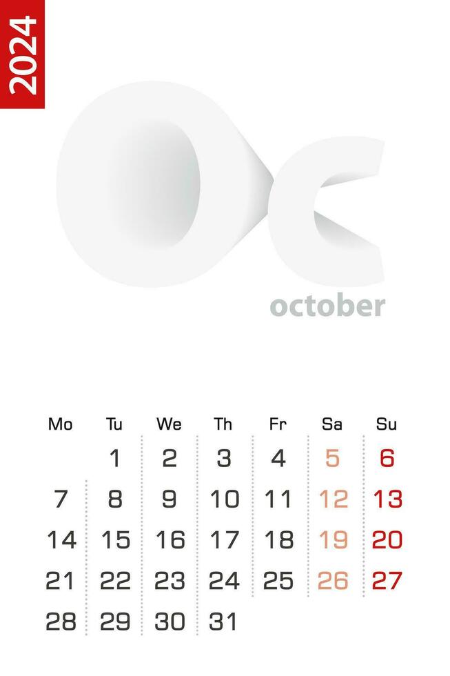 Minimalist calendar template for October 2024, vector calendar in English.