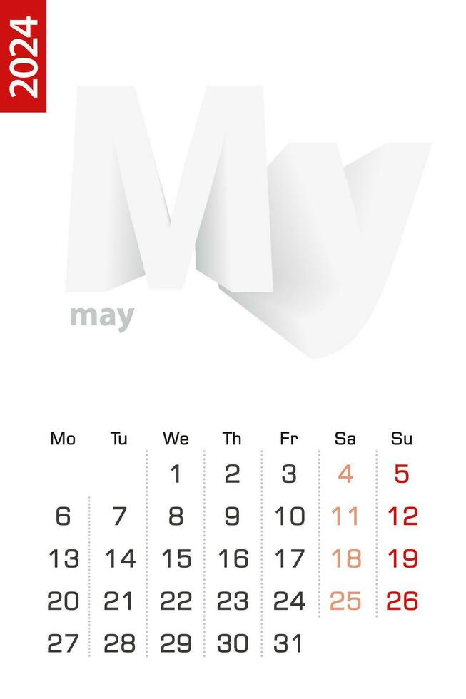 Minimalist calendar template for May 2024, vector calendar in English.
