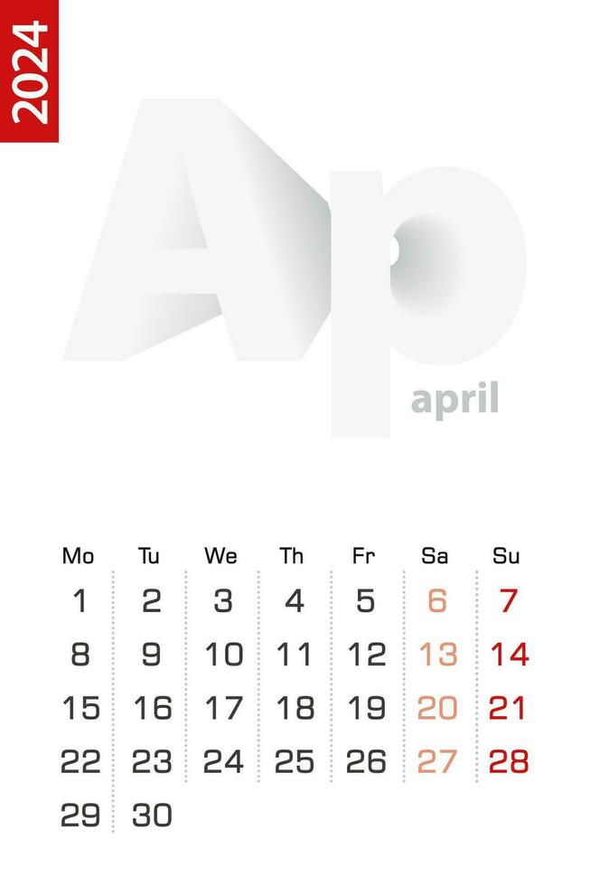Minimalist calendar template for April 2024, vector calendar in English.
