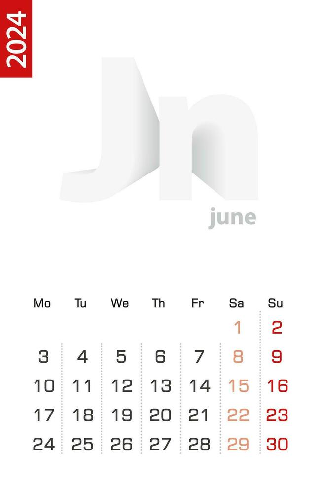 minimalista calendario modelo para junio 2024, vector calendario en inglés.