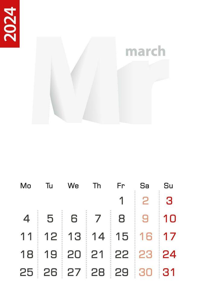 Minimalist calendar template for March 2024, vector calendar in English.