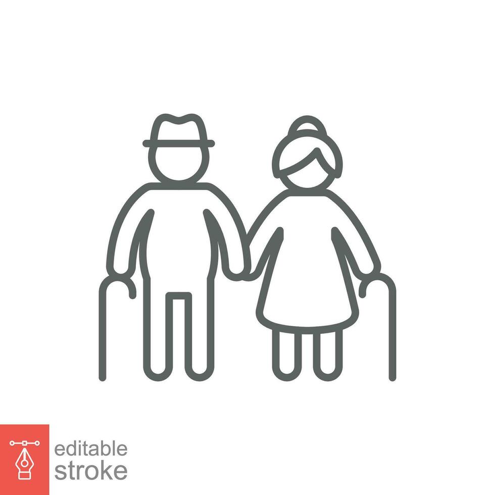 Elderly couple icon. Simple outline style. Grandparents holding hands, old, elder, senior, people concept. Thin line symbol. Vector illustration isolated on white background. Editable stroke EPS 10.