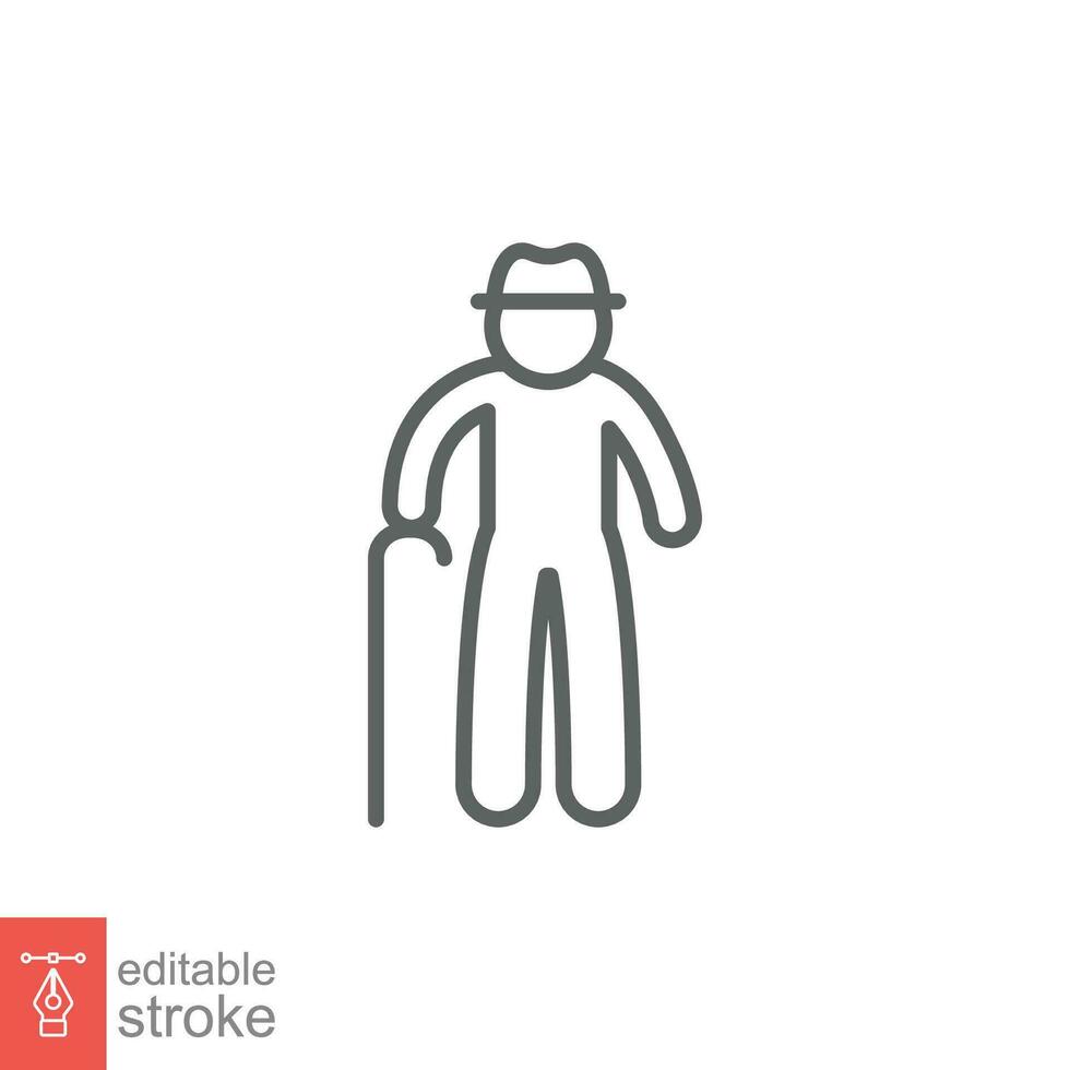 Old man icon. Simple outline style. Person with cane, stick, elder age, grandfather, senior people concept. Thin line symbol. Vector illustration isolated on white background. Editable stroke EPS 10.