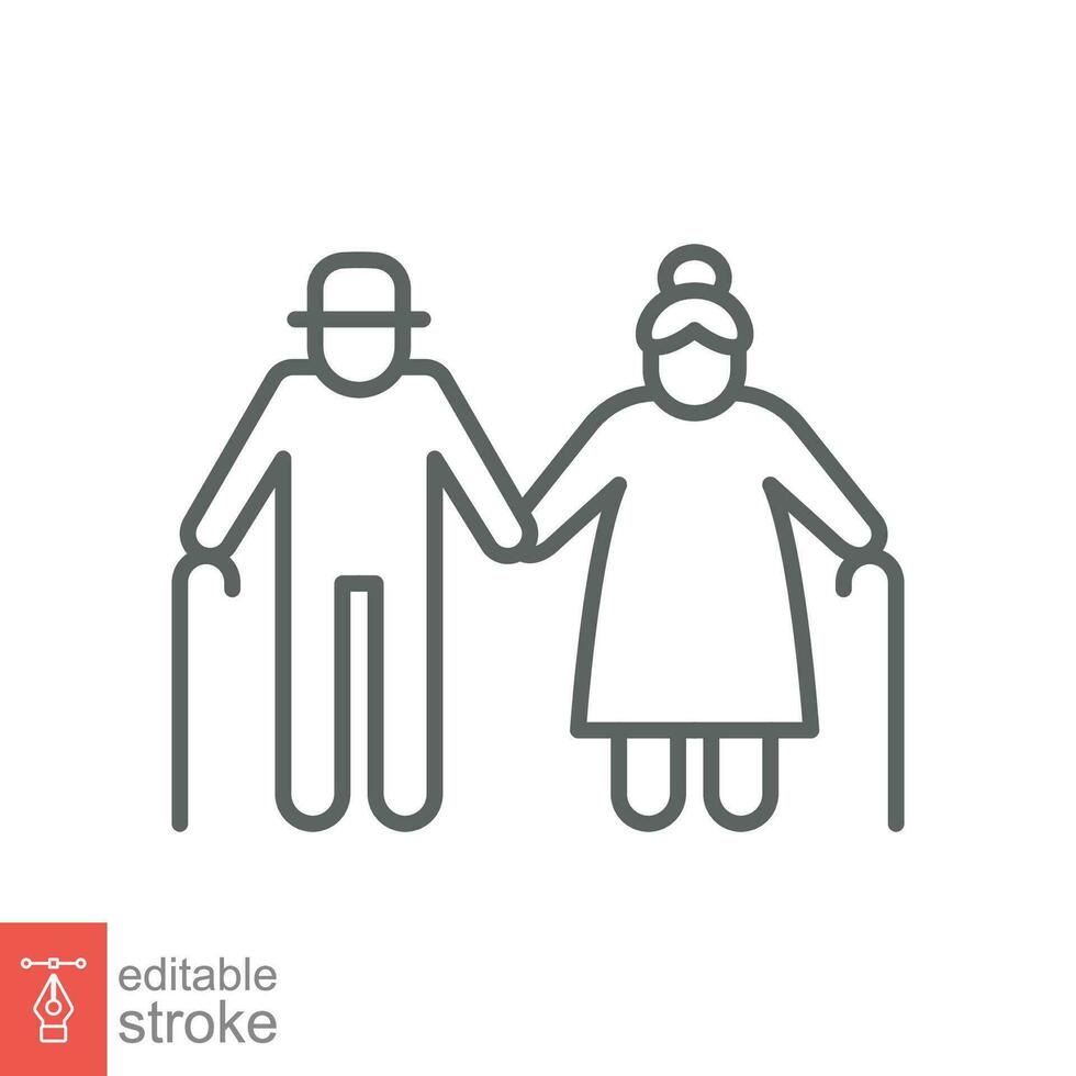 Elderly couple icon. Simple outline style. Grandparents holding hands, old, elder, senior, people concept. Thin line symbol. Vector illustration isolated on white background. Editable stroke EPS 10.