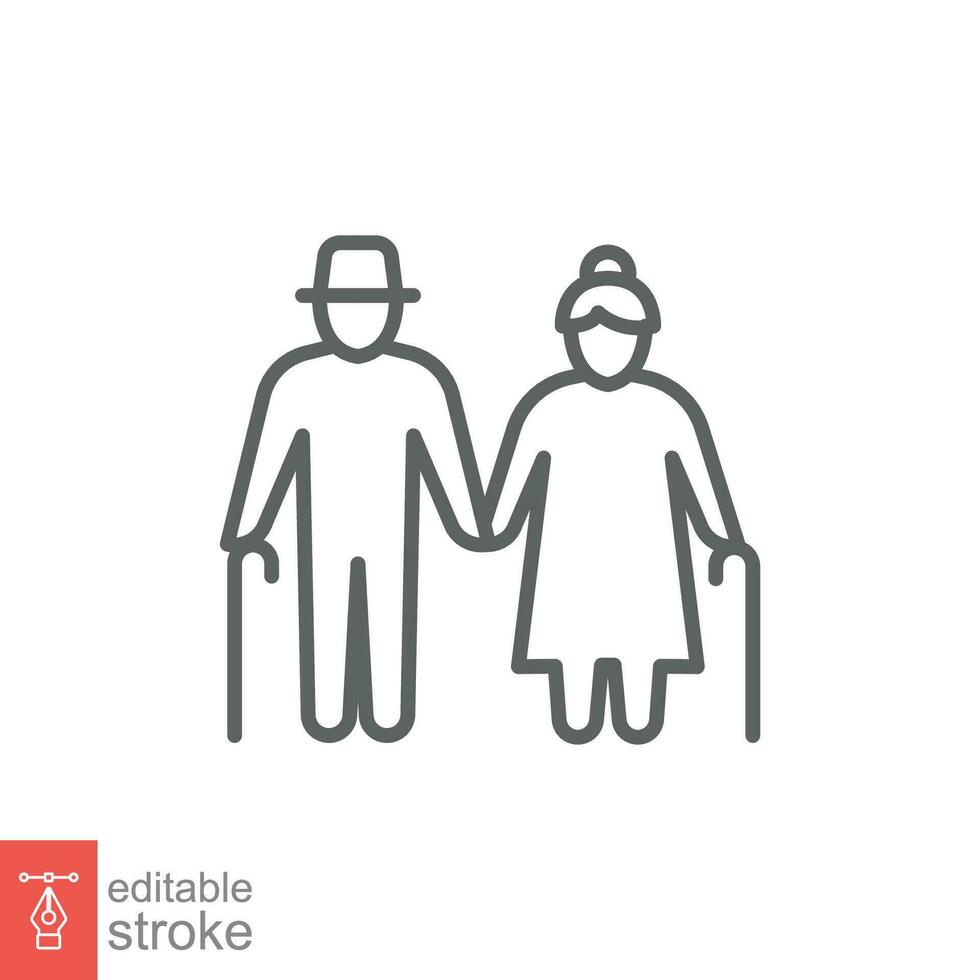 Elderly couple icon. Simple outline style. Grandparents holding hands, old, elder, senior, people concept. Thin line symbol. Vector illustration isolated on white background. Editable stroke EPS 10.