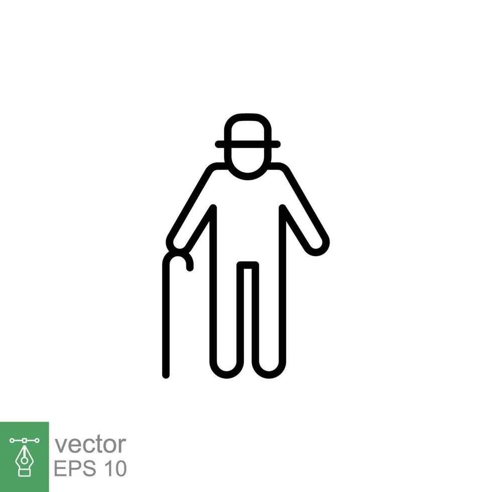 Old man icon. Simple outline style. Person with cane, stick, elder age, grandfather, senior people concept. Thin line symbol. Vector illustration isolated on white background. EPS 10.