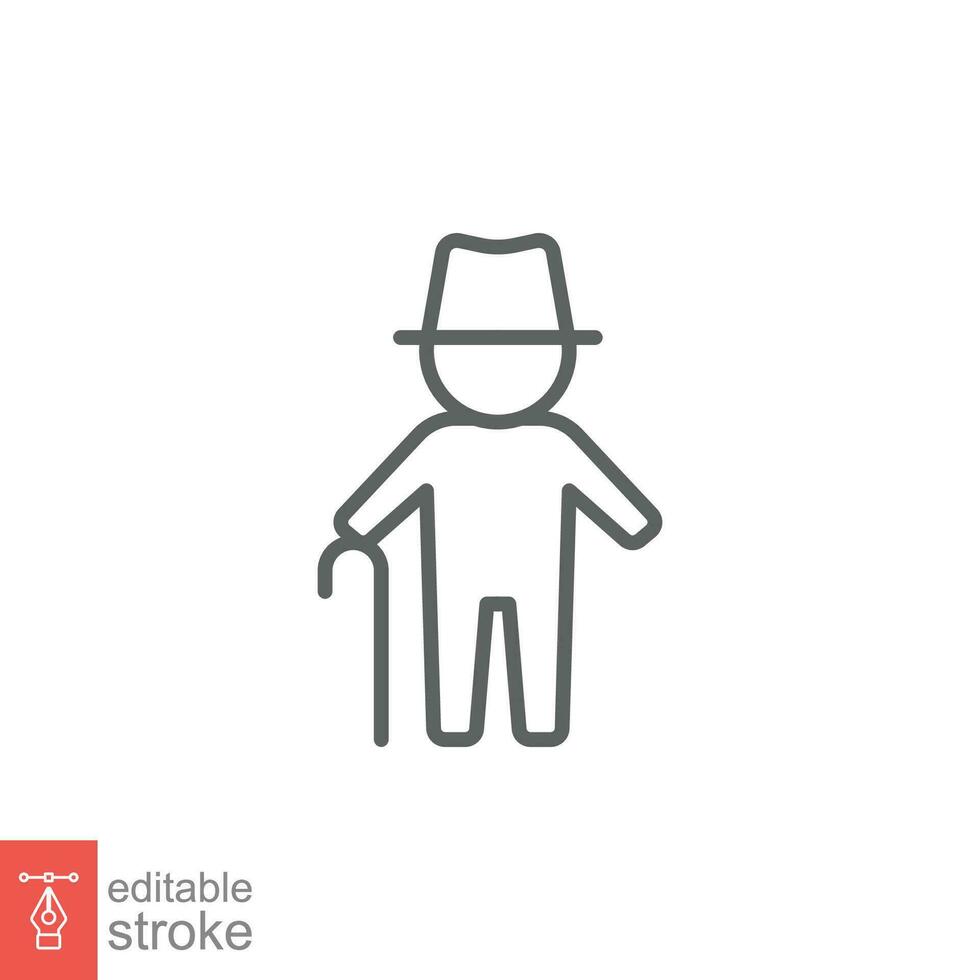 Old man icon. Simple outline style. Person with cane, stick, elder age, grandfather, senior people concept. Thin line symbol. Vector illustration isolated on white background. Editable stroke EPS 10.