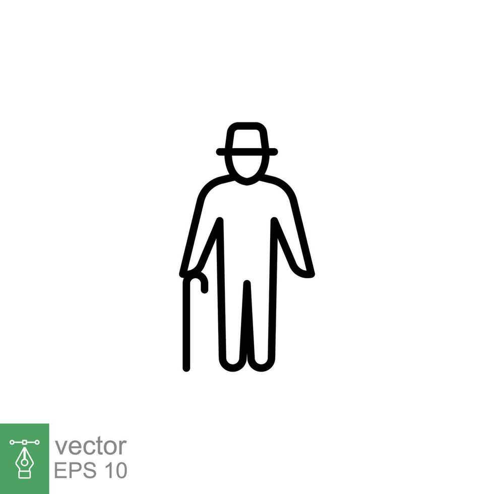 Old man icon. Simple outline style. Person with cane, stick, elder age, grandfather, senior people concept. Thin line symbol. Vector illustration isolated on white background. EPS 10.