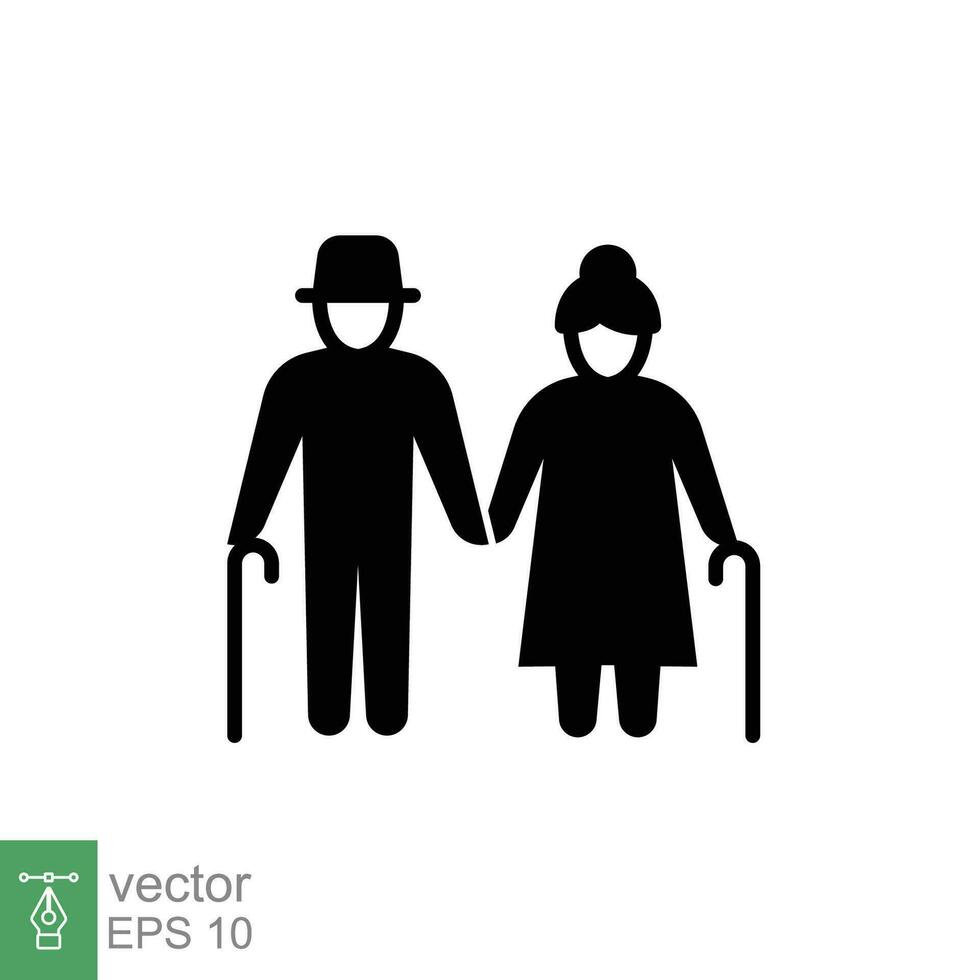 Elderly couple icon. Simple solid style. Grandparents holding hands, old, elder, senior, people concept. Black silhouette, glyph symbol. Vector illustration isolated on white background. EPS 10.