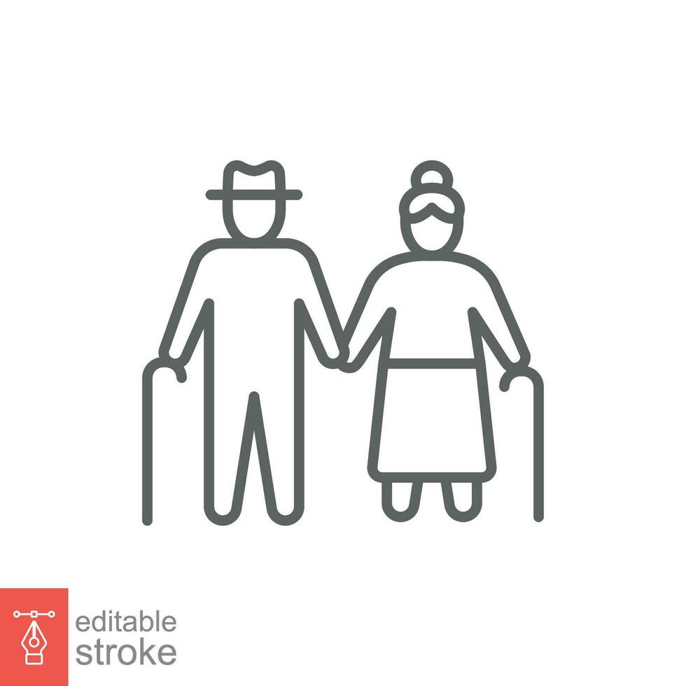 Elderly couple icon. Simple outline style. Grandparents holding hands, old, elder, senior, people concept. Thin line symbol. Vector illustration isolated on white background. Editable stroke EPS 10.