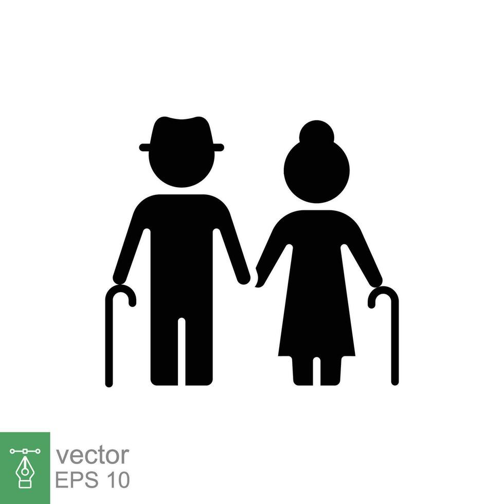 Elderly couple icon. Simple solid style. Grandparents holding hands, old, elder, senior, people concept. Black silhouette, glyph symbol. Vector illustration isolated on white background. EPS 10.