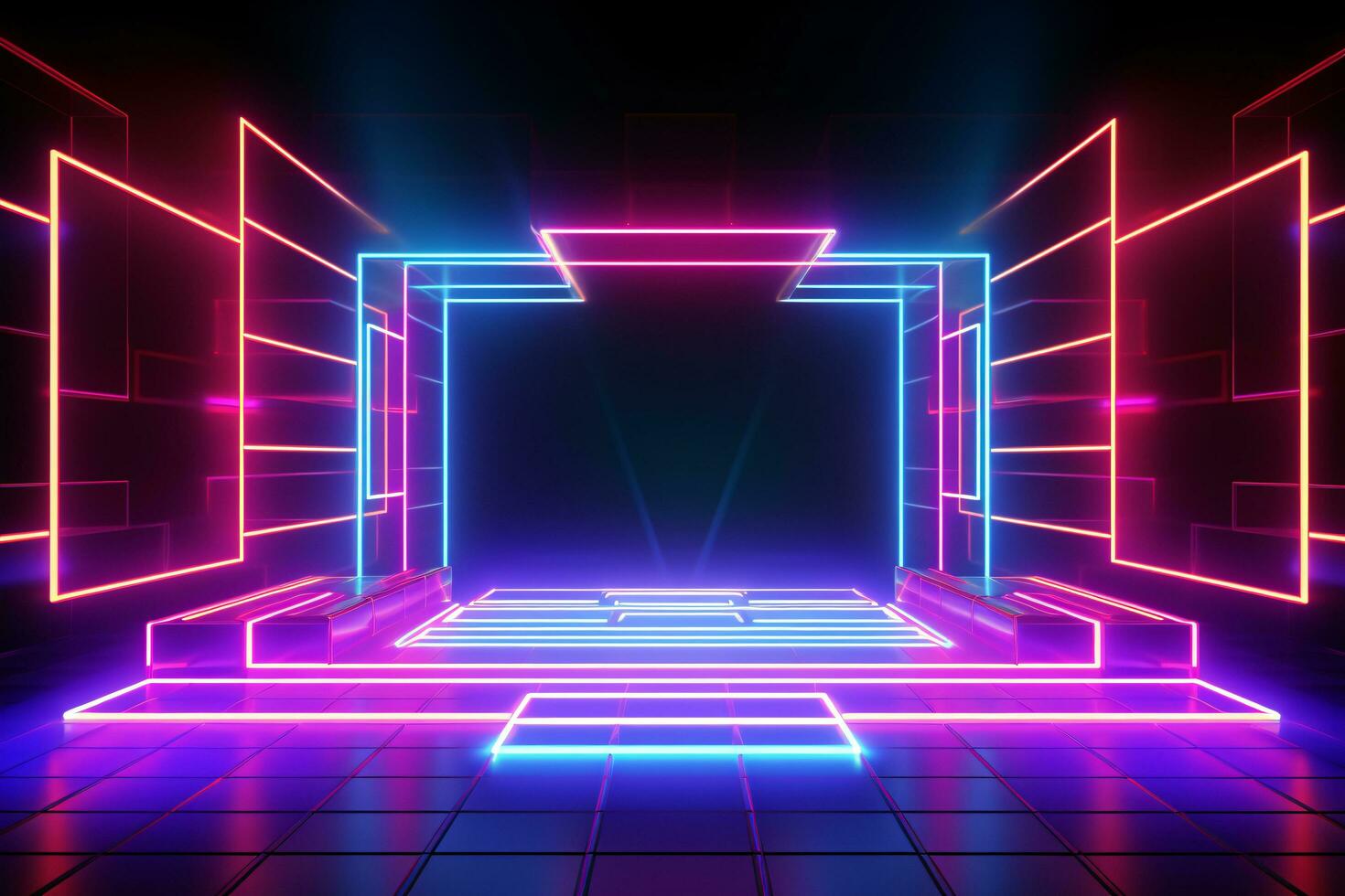 Abstract neon light geometric background. Glowing neon lines. Empty futuristic stage laser. Colorful rectangular laser lines. Square tunnel. Night club empty room. Laser show design. Generative AI. photo