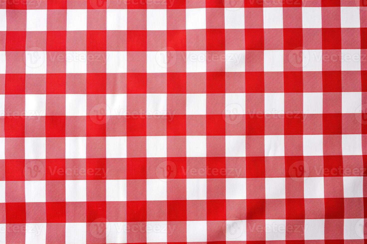 Red and white checkered tablecloth. Top view table cloth texture background. Red gingham pattern fabric. Picnic blanket texture. Red table cloth for Italian food menu. Square pattern. Generative AI. photo