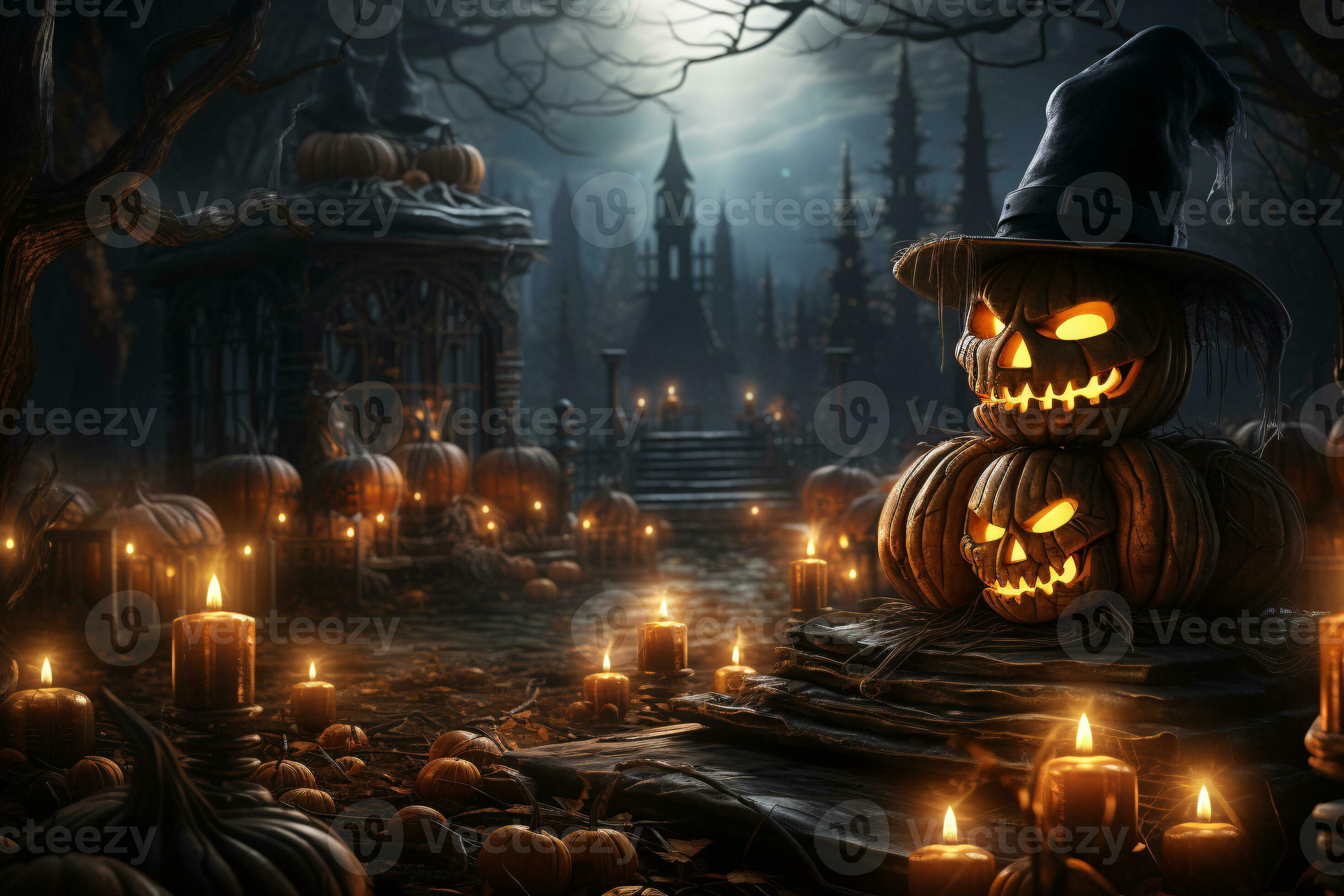 Halloween night background. Halloween pumpkins and candles light on a spooky and scary night