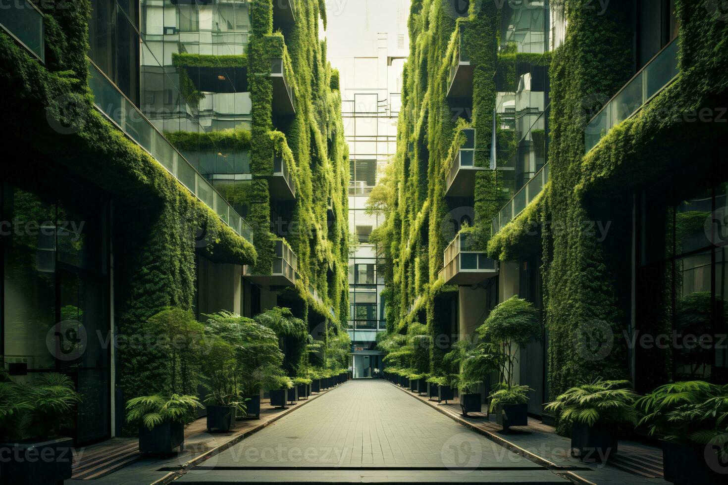 Sustainable green building in modern city. Green architecture. Eco-friendly building. Sustainable residential building with vertical garden reduce CO2. Apartment with green environment. Generative AI. photo