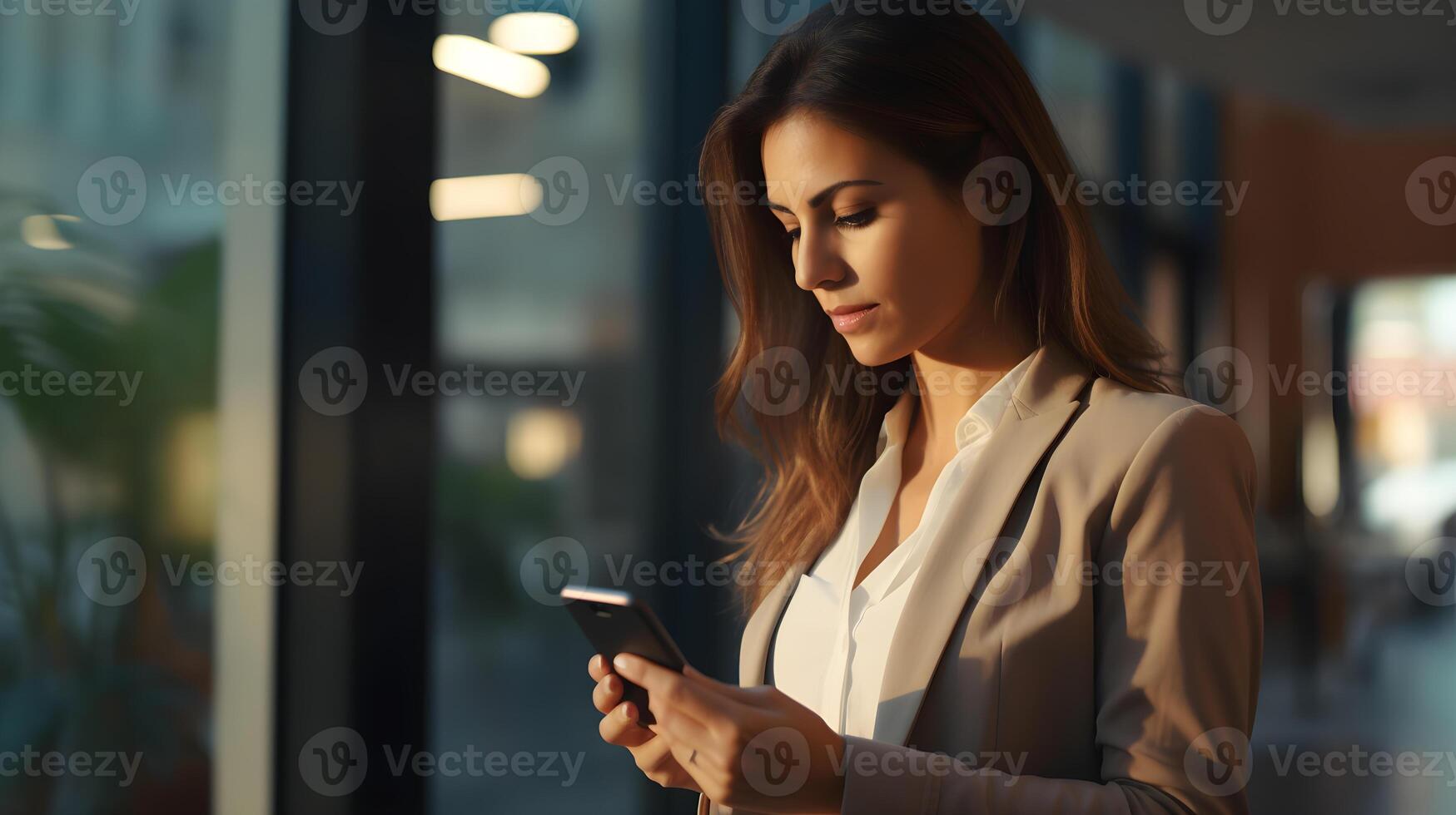 Businesswoman using smartphone. Professional business woman using mobile phone for business. Executive woman working with mobile phone. Businesswoman productive by using her smartphone. AI generative. photo