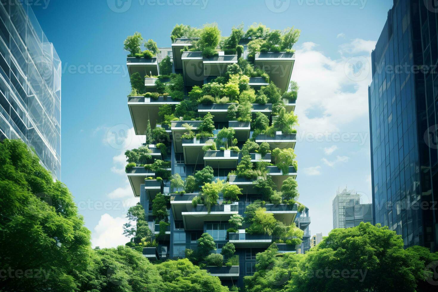 Sustainable green building in modern city. Green architecture. Eco-friendly building. Sustainable residential building with vertical garden reduce CO2. Apartment with green environment. Generative AI. photo